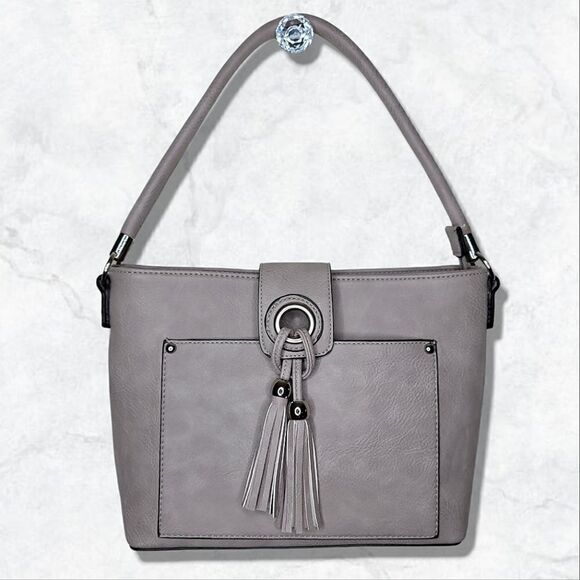 None Handbags - Grey Square Tassle Flap Closure Shoulder Bag